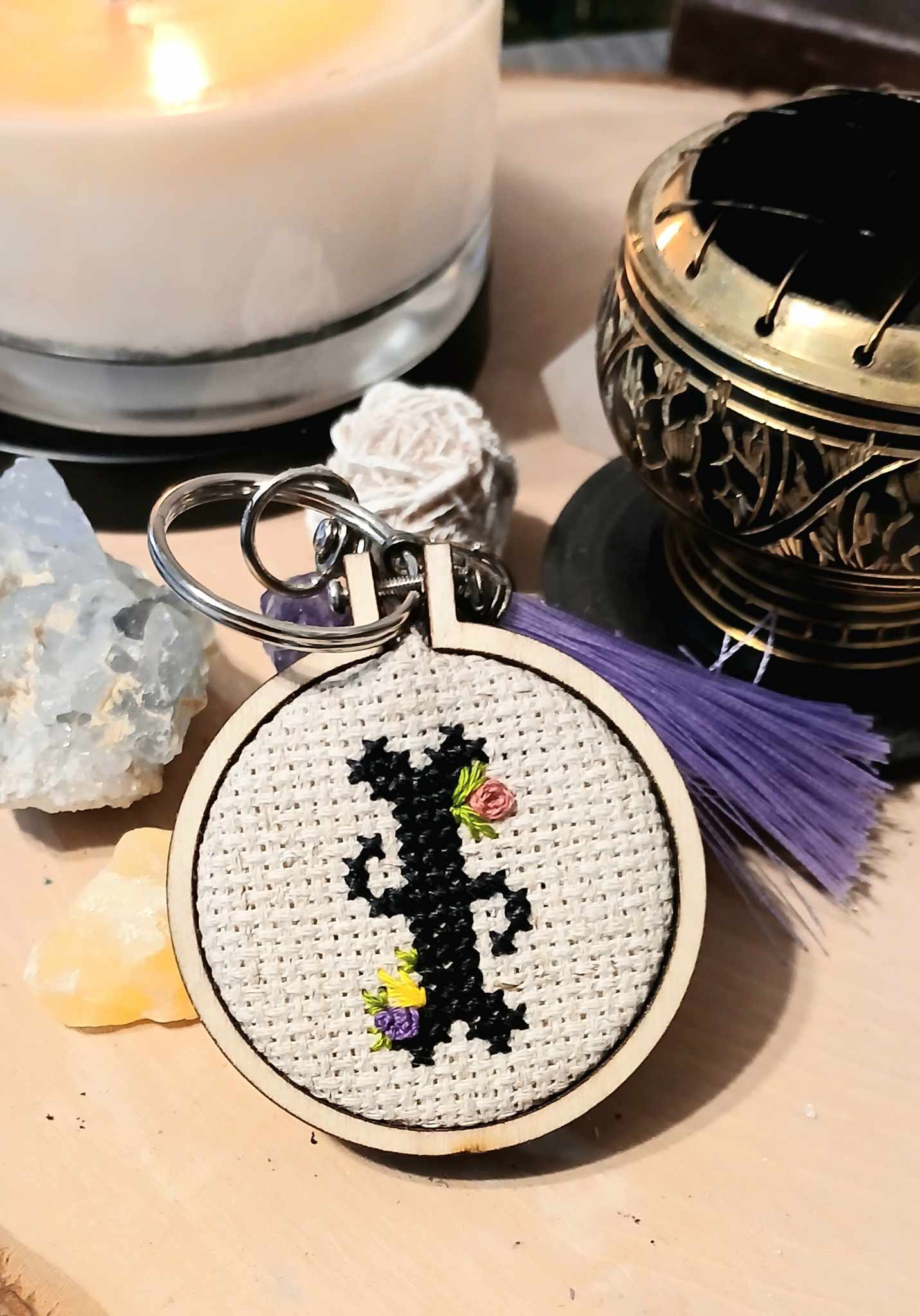"I" - initial cross stitch keychain
