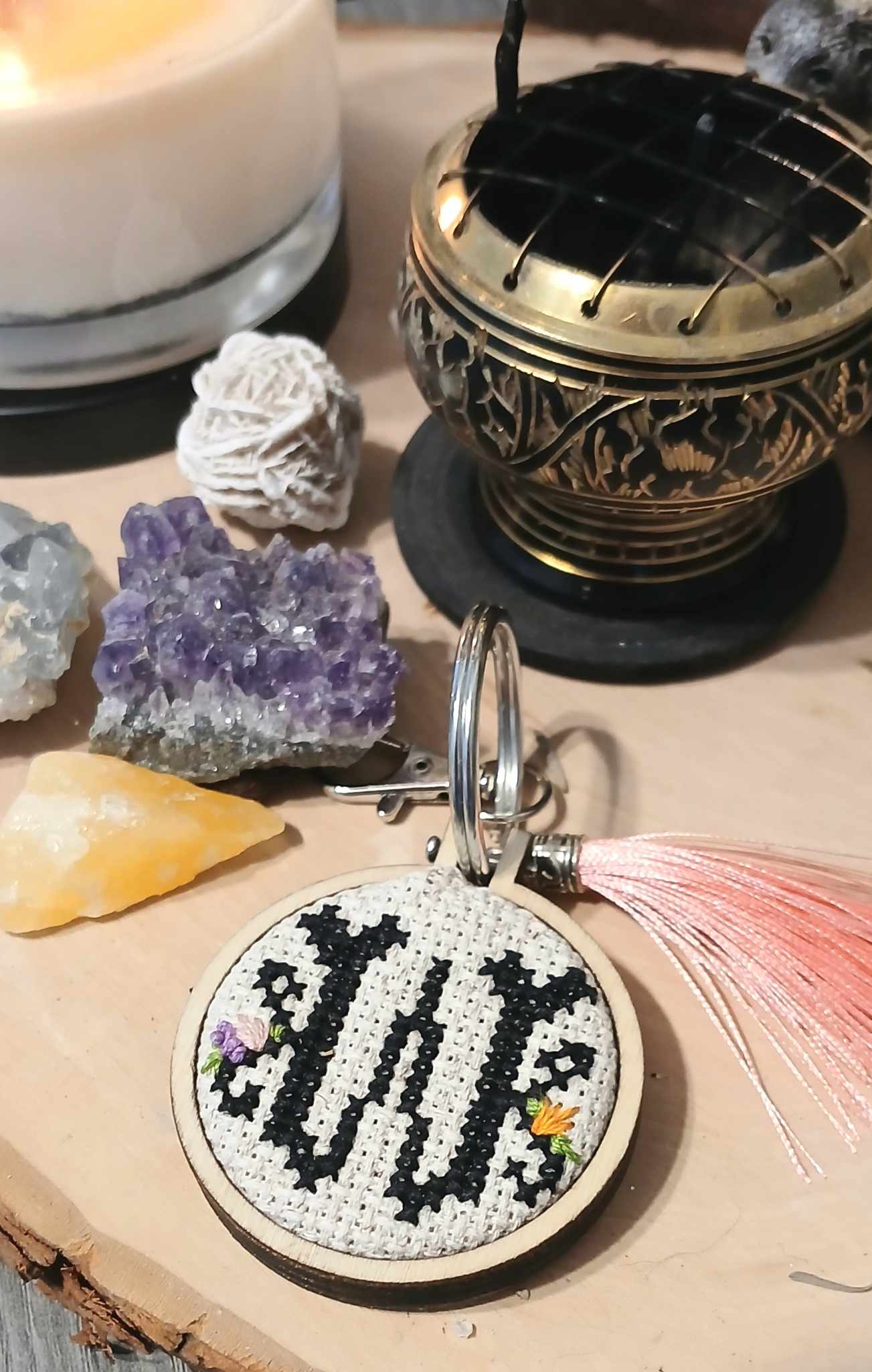 "W" cross stitch keychain