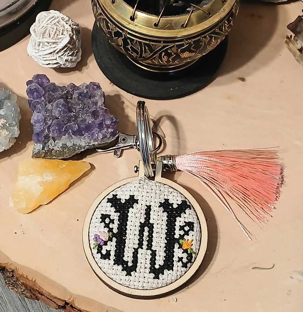 "W" cross stitch keychain