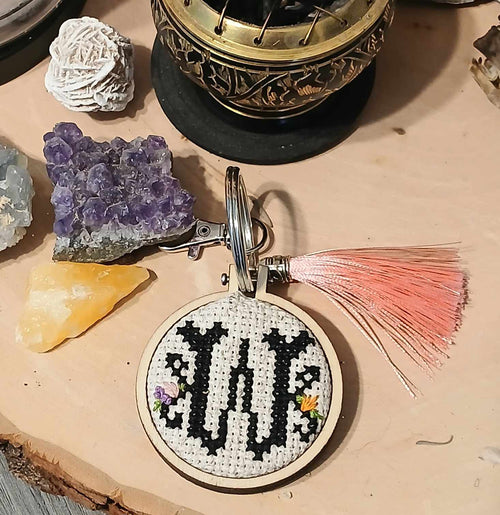 "W" cross stitch keychain