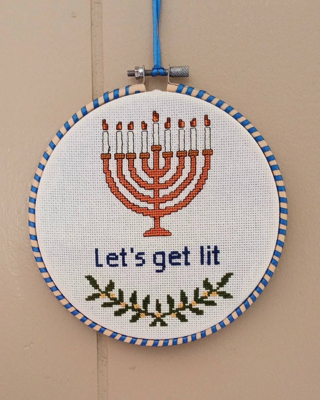 "Let's Get Lit"  Hannukah cross stitch