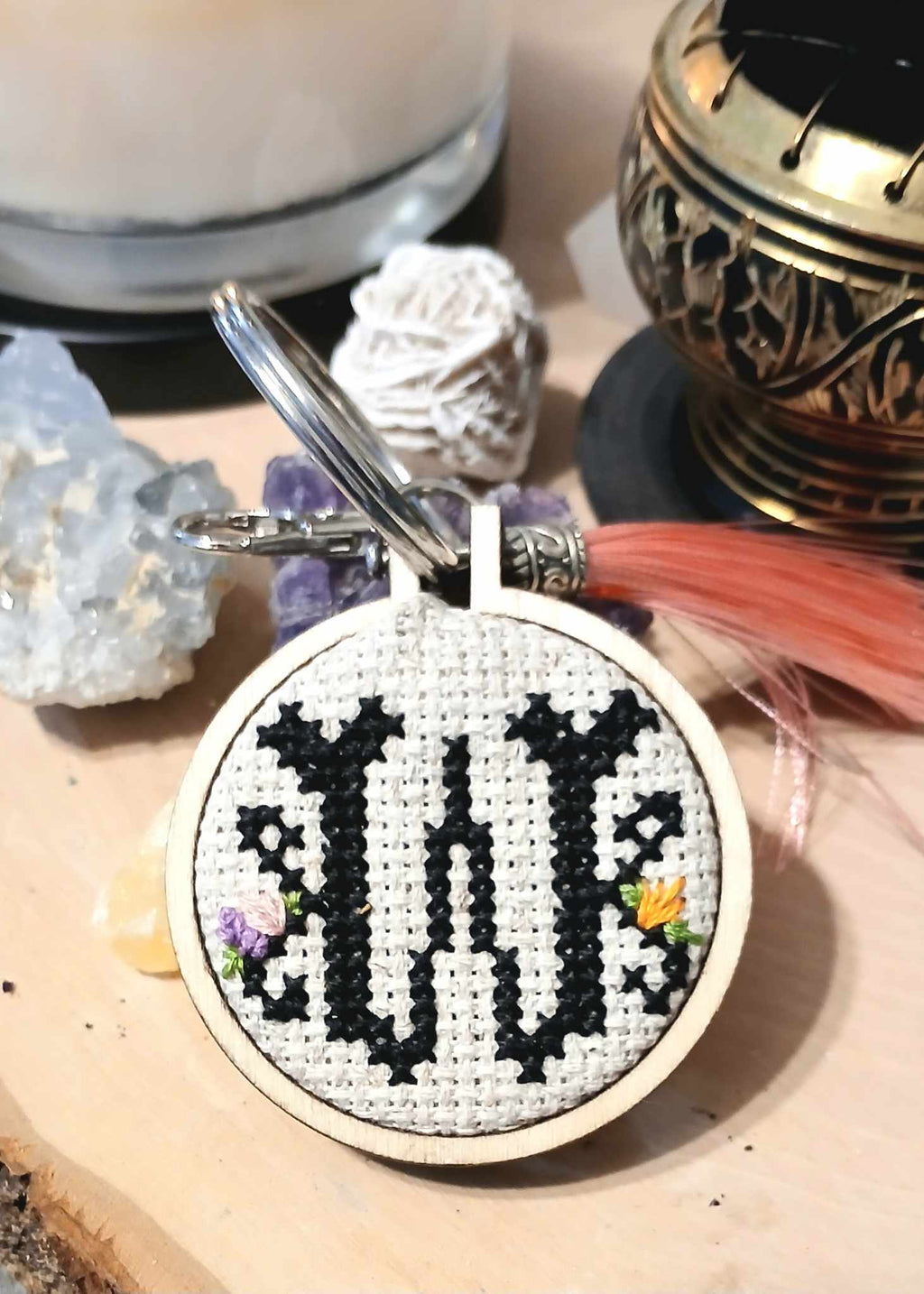 "W" cross stitch keychain